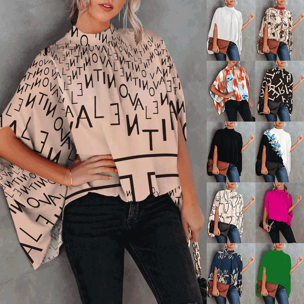 Loose Letter Print Blouse with Mock Neck and Cape Sleeves