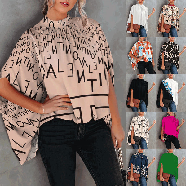 Loose Letter Print Blouse with Mock Neck and Cape Sleeves