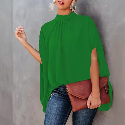 Loose Letter Print Blouse with Mock Neck and Cape Sleeves