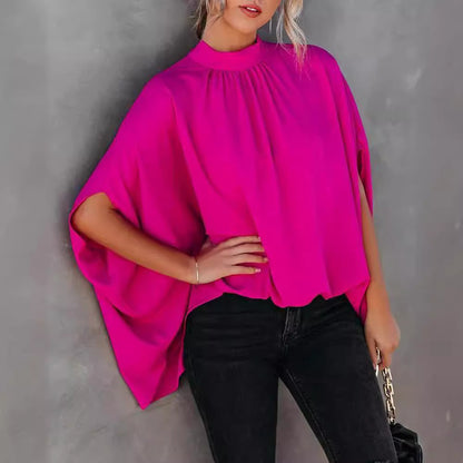 Loose Letter Print Blouse with Mock Neck and Cape Sleeves