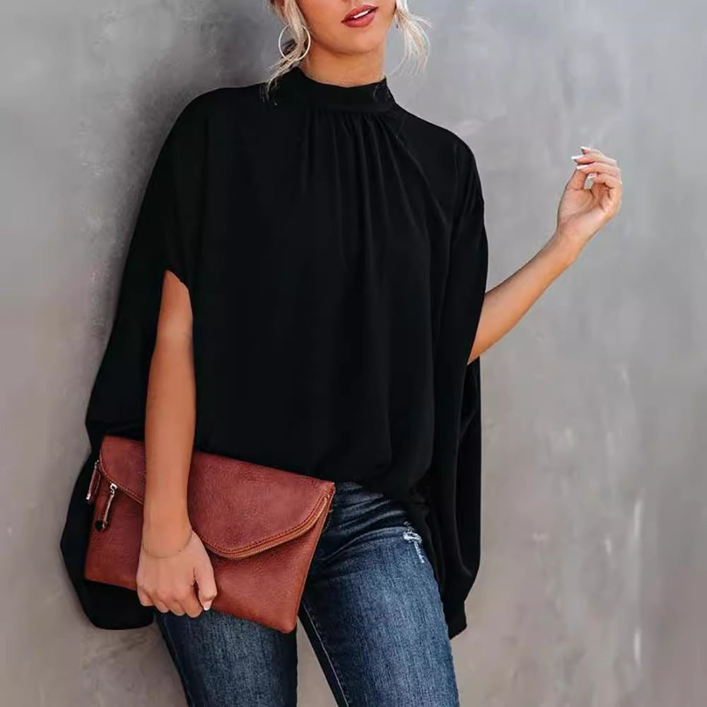 Loose Letter Print Blouse with Mock Neck and Cape Sleeves