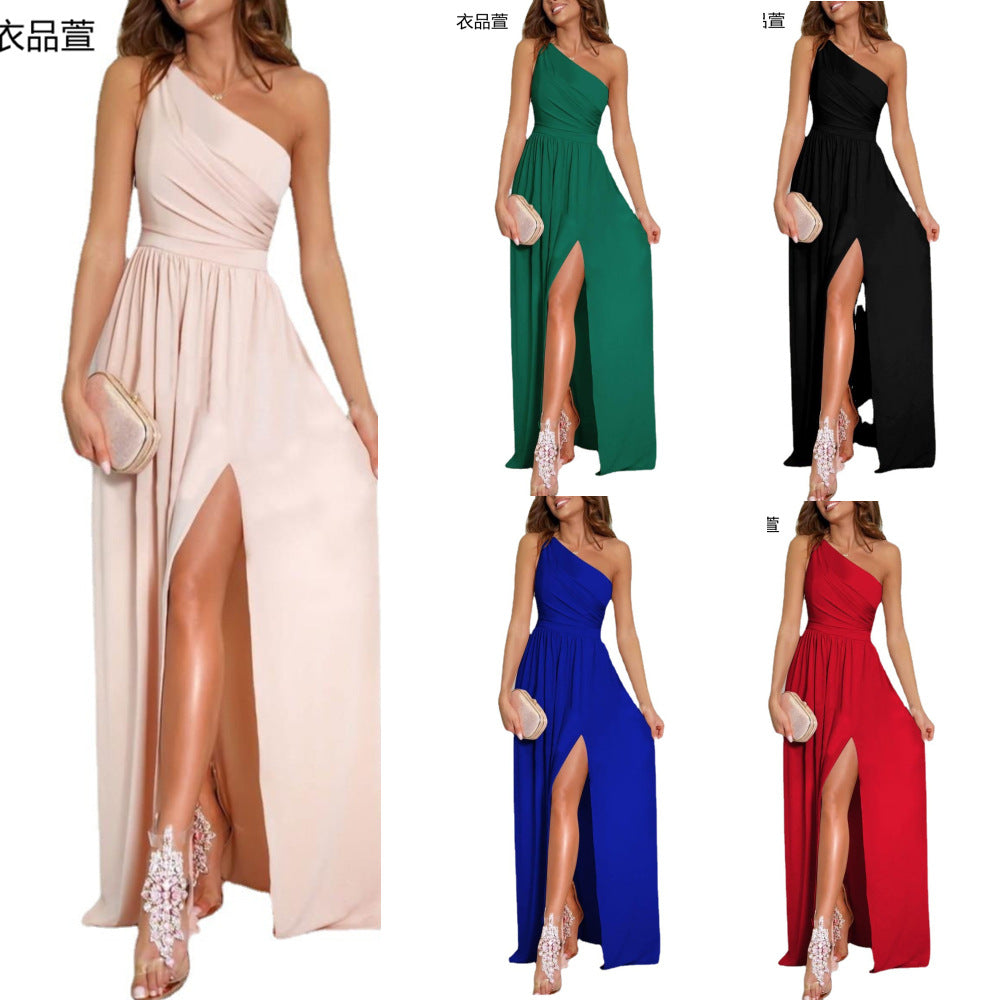 Solid Color Maxi Dress with One-Shoulder Neckline and High Slit