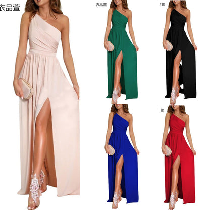 Solid Color Maxi Dress with One-Shoulder Neckline and High Slit