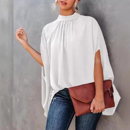 Loose Letter Print Blouse with Mock Neck and Cape Sleeves