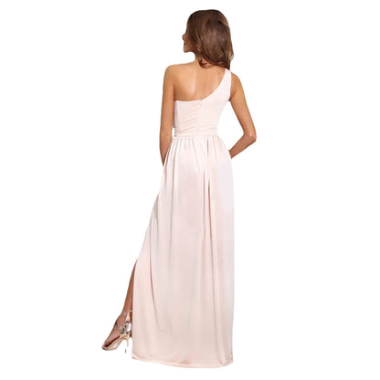 Solid Color Maxi Dress with One-Shoulder Neckline and High Slit