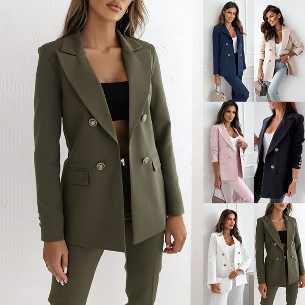 Solid Double-Breasted Suit Jacket with Lapel Collar
