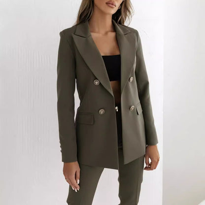 Solid Double-Breasted Suit Jacket with Lapel Collar
