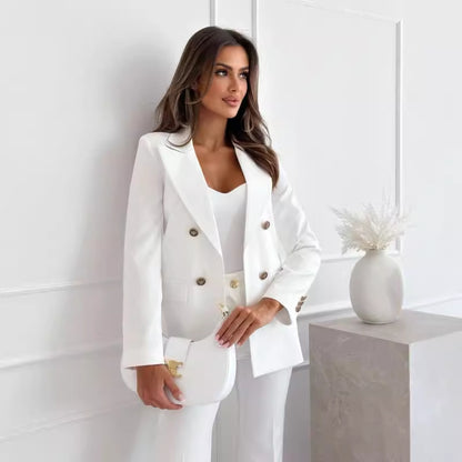 Solid Double-Breasted Suit Jacket with Lapel Collar
