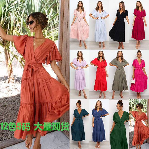 Tiered Maxi Dress with Wrap V-Neck and Flutter Sleeves
