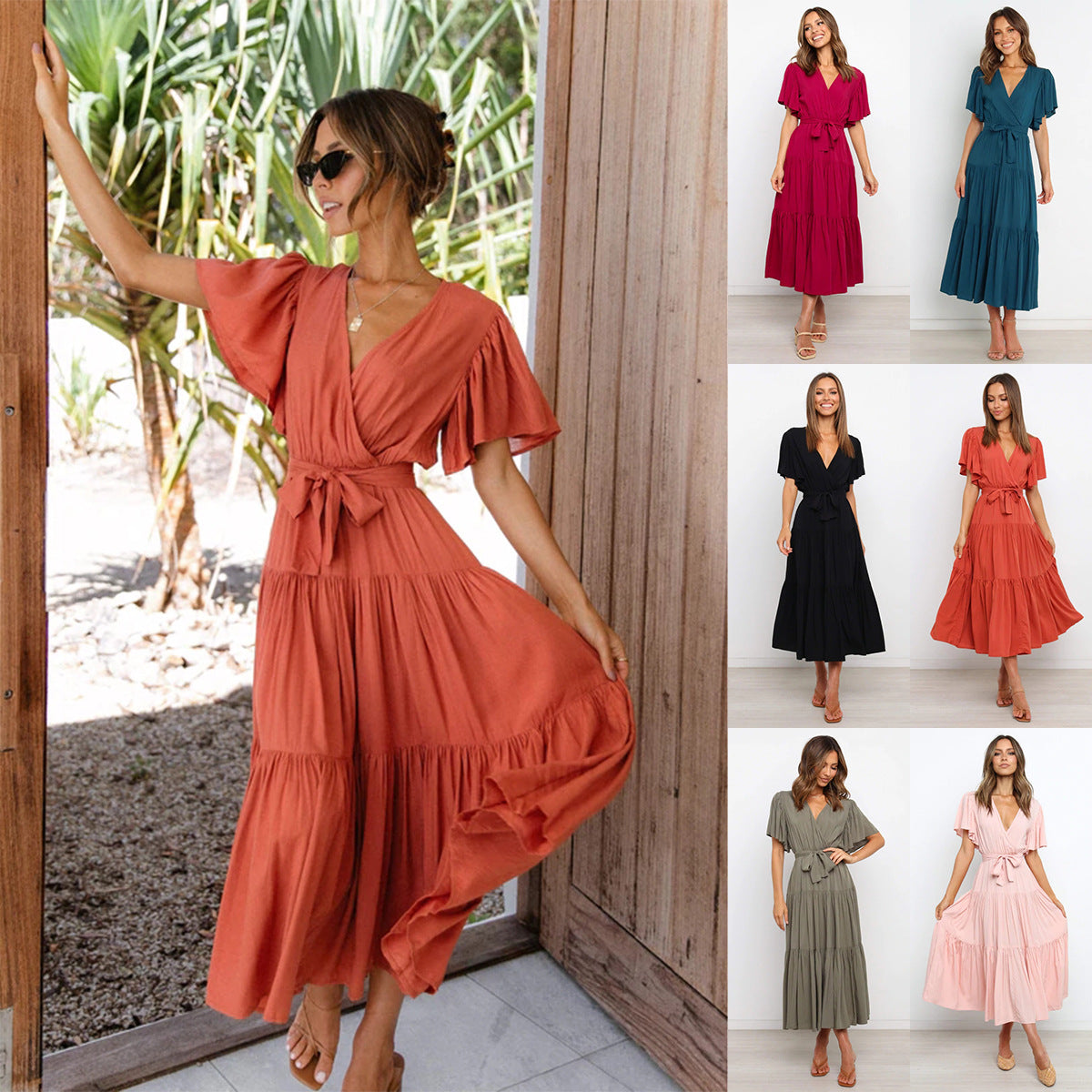 Tiered Maxi Dress with Wrap V-Neck and Flutter Sleeves