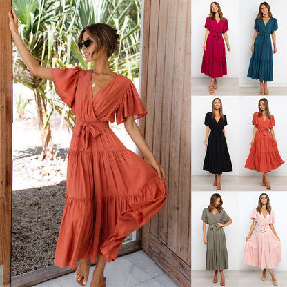 Tiered Maxi Dress with Wrap V-Neck and Flutter Sleeves