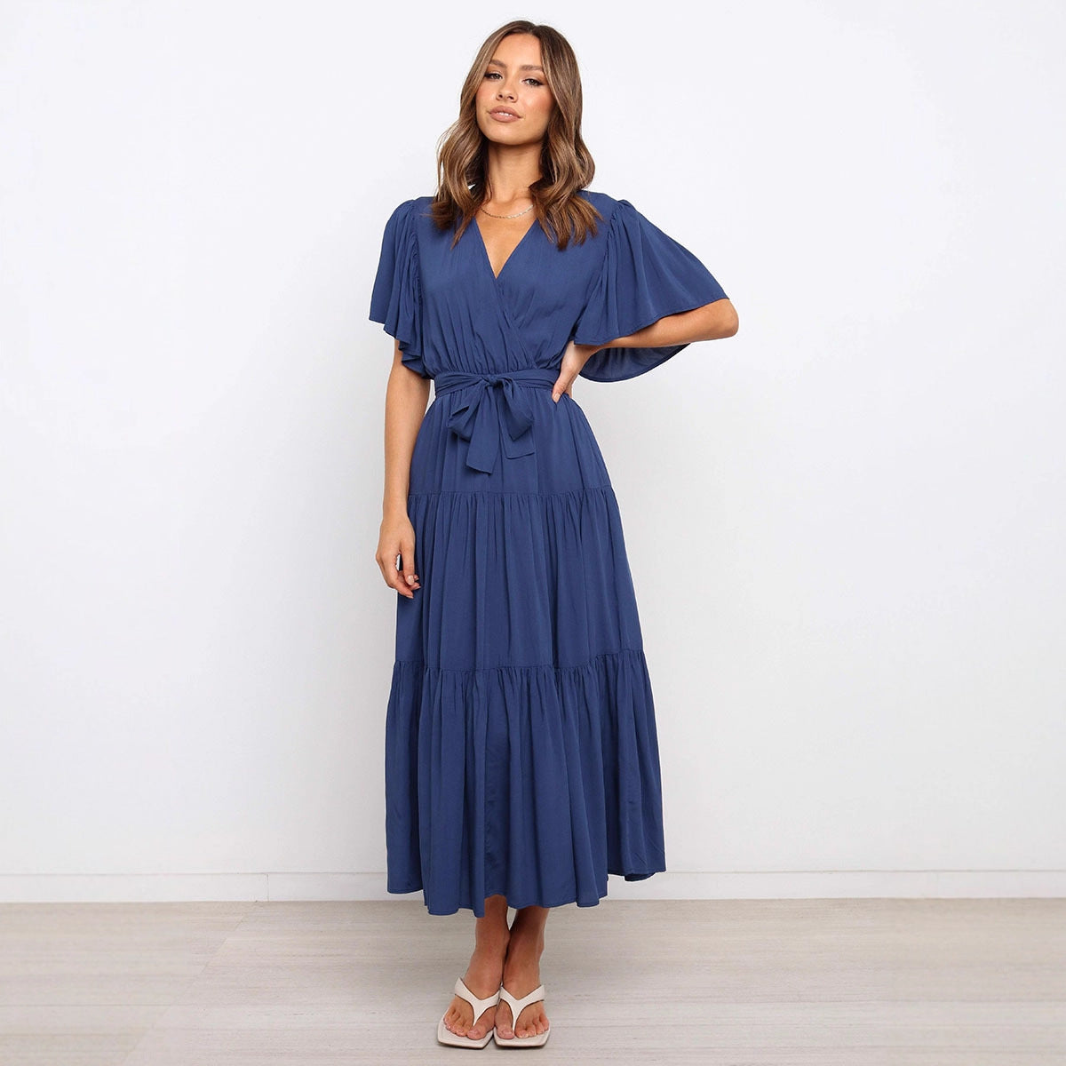 Tiered Maxi Dress with Wrap V-Neck and Flutter Sleeves