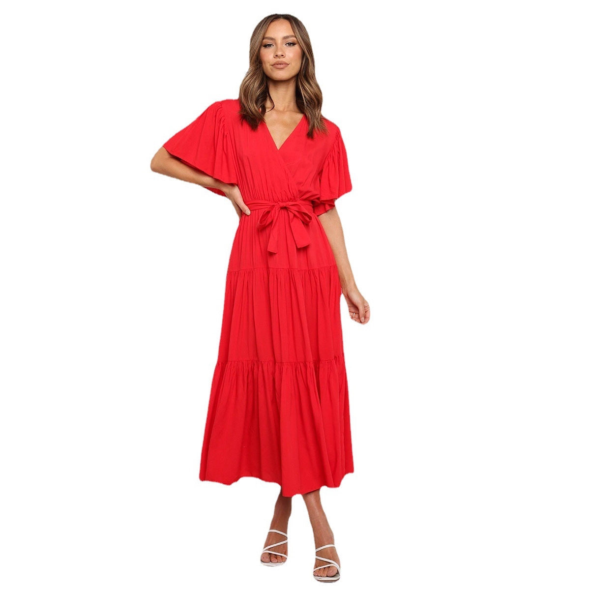 Tiered Maxi Dress with Wrap V-Neck and Flutter Sleeves