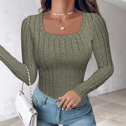 Slim-fit Ribbed Knit Top with Round Neck and Long Sleeves