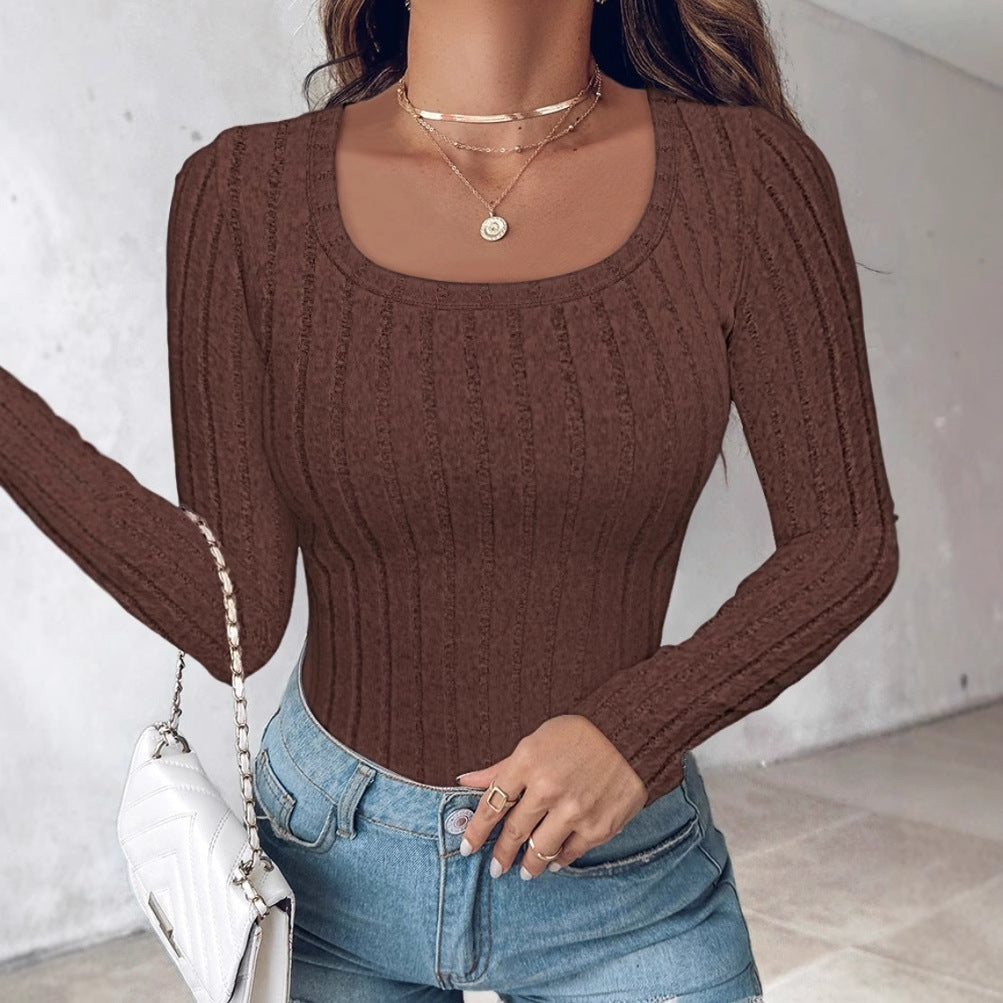 Slim-fit Ribbed Knit Top with Round Neck and Long Sleeves