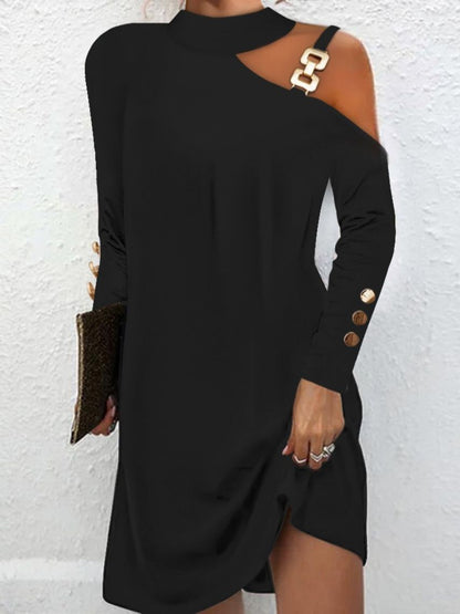 Relaxed Fit Dress with One-Shoulder Cutout and Metal Buckle