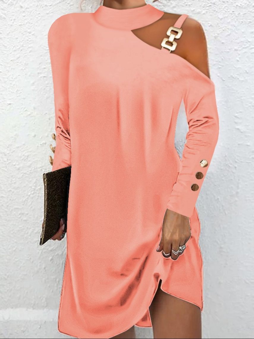 Relaxed Fit Dress with One-Shoulder Cutout and Metal Buckle