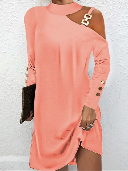 Relaxed Fit Dress with One-Shoulder Cutout and Metal Buckle