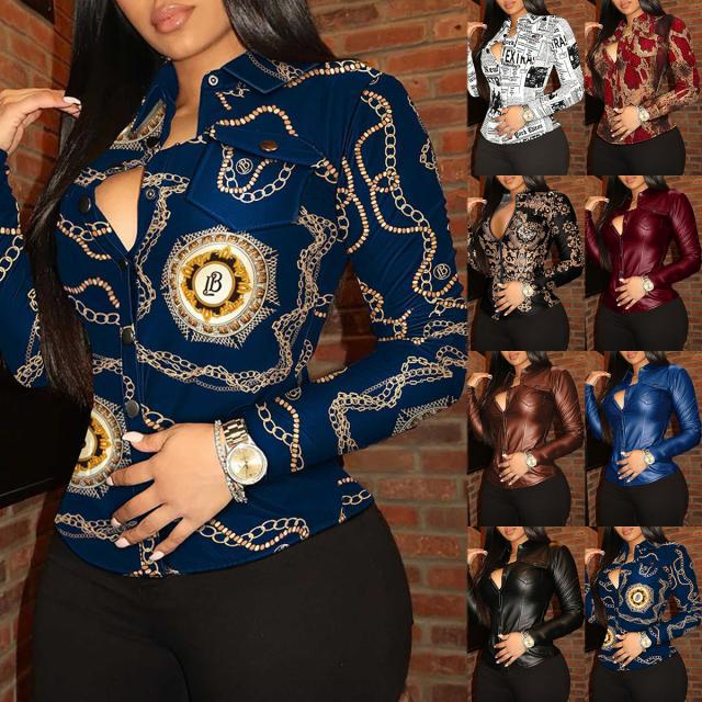 Chain Print Blouse with V-Neck and Button Front