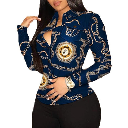 Chain Print Blouse with V-Neck and Button Front