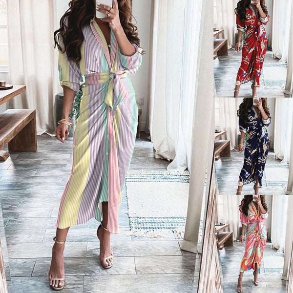 Striped Long Sleeve Midi Dress with V-Neck and Tie-Waist