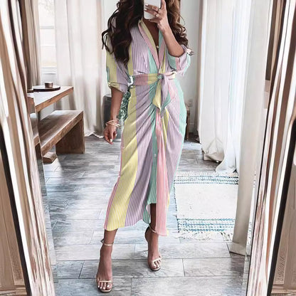 Striped Long Sleeve Midi Dress with V-Neck and Tie-Waist