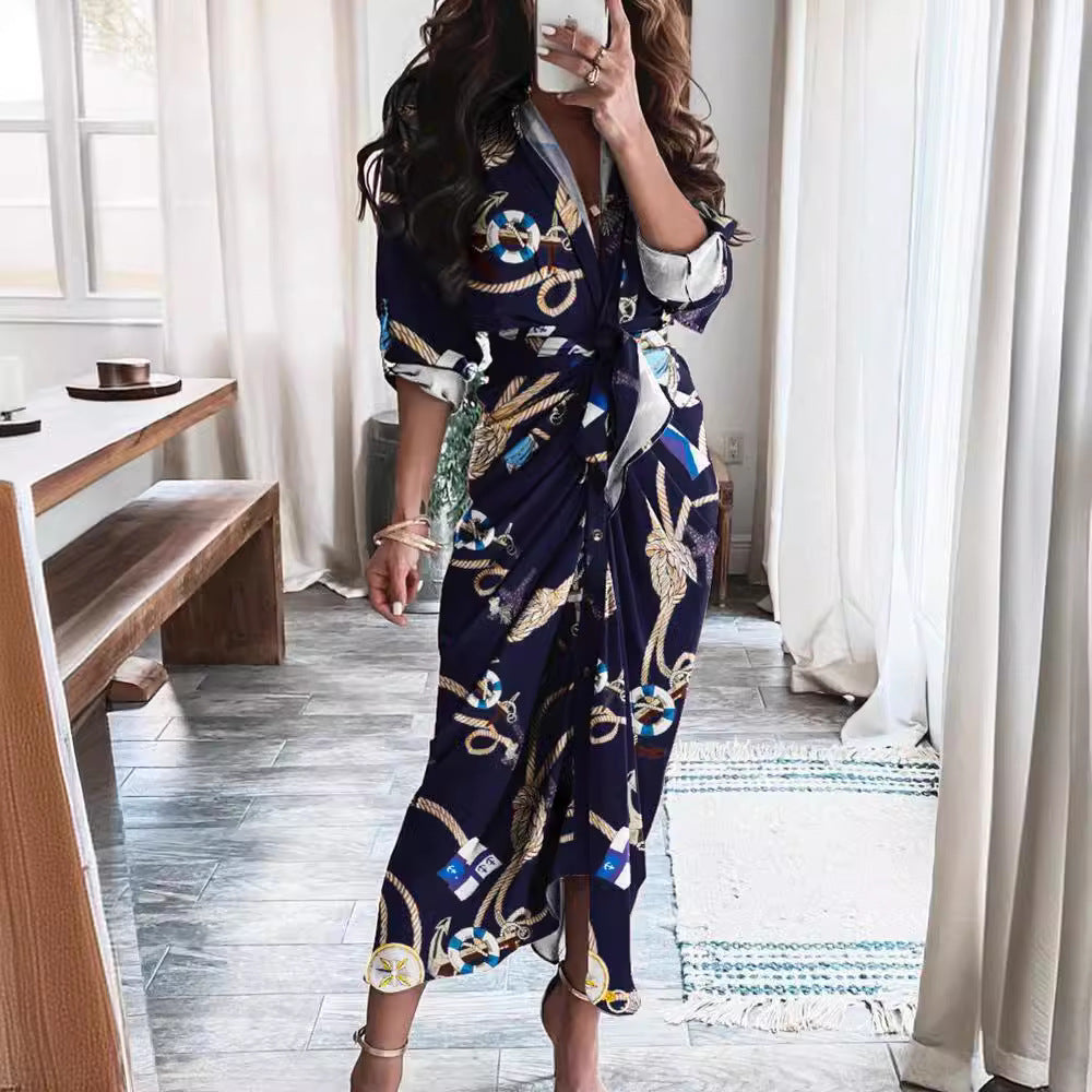 Striped Long Sleeve Midi Dress with V-Neck and Tie-Waist