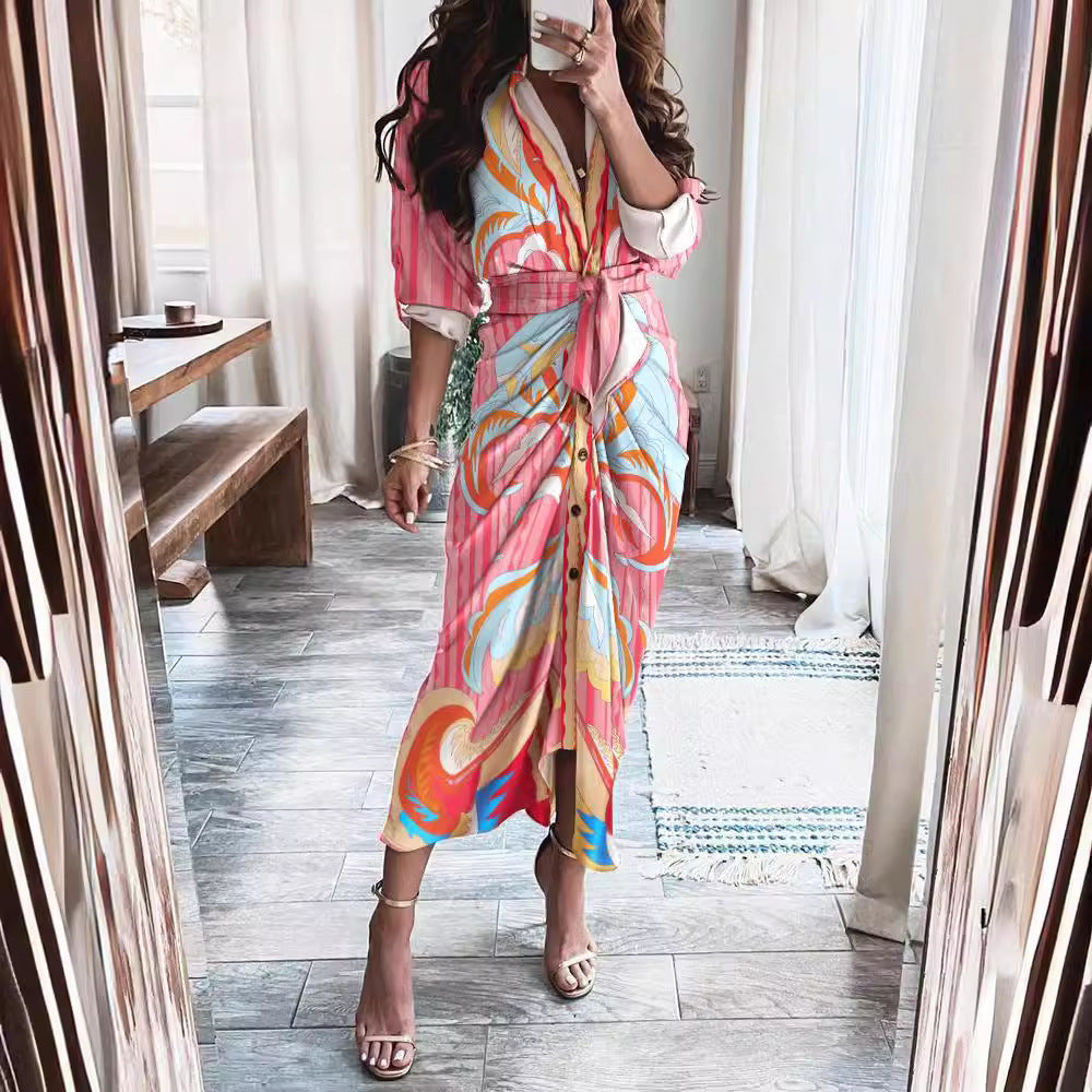 Striped Long Sleeve Midi Dress with V-Neck and Tie-Waist