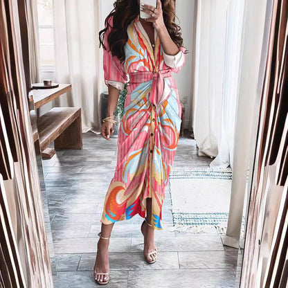 Striped Long Sleeve Midi Dress with V-Neck and Tie-Waist