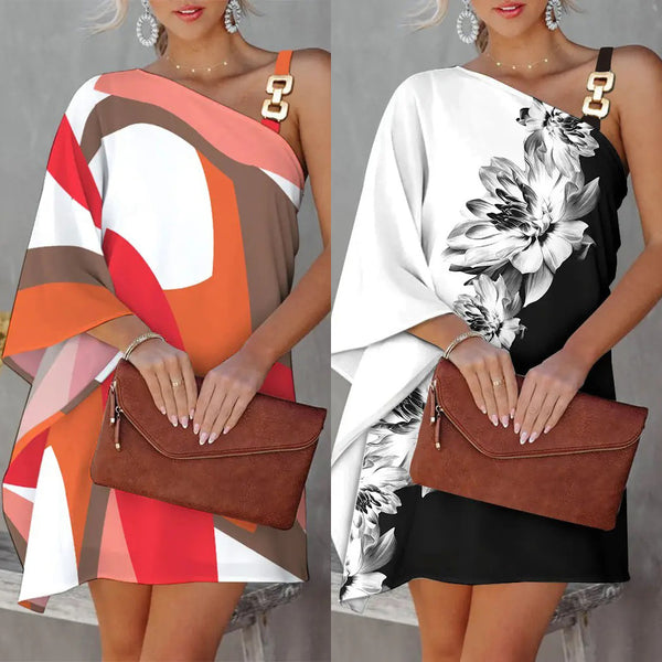 Printed One-Shoulder Mini Dress with Flare Sleeve