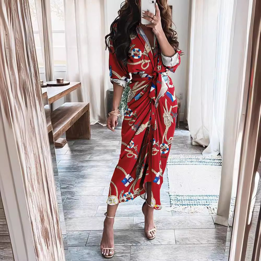 Striped Long Sleeve Midi Dress with V-Neck and Tie-Waist