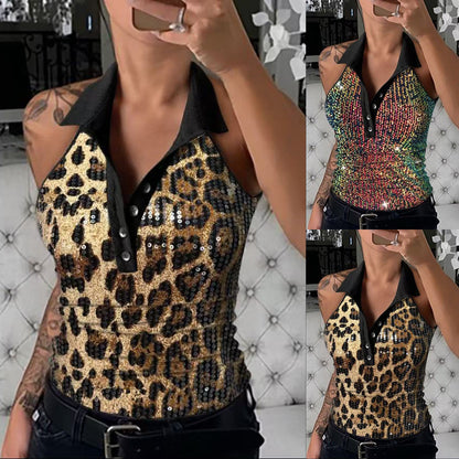 Leopard Print Sequined Halter Top with Polo Collar