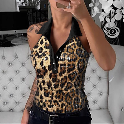 Leopard Print Sequined Halter Top with Polo Collar