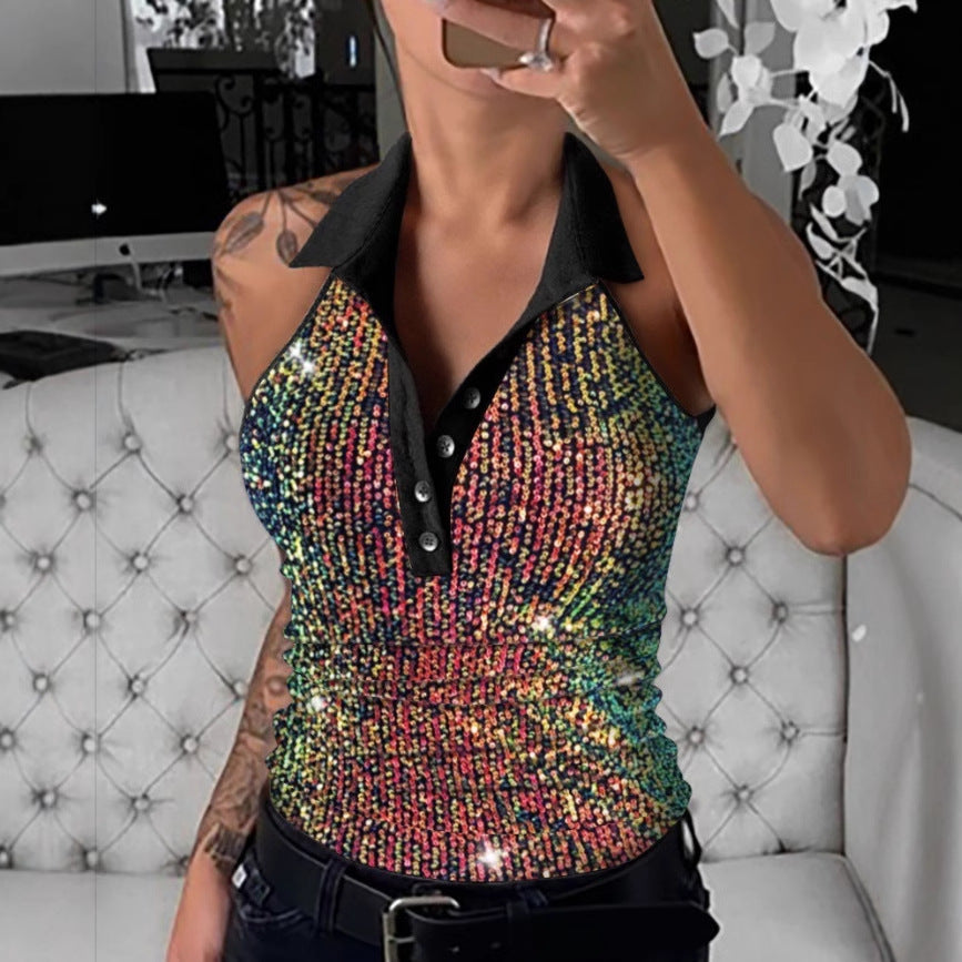 Leopard Print Sequined Halter Top with Polo Collar
