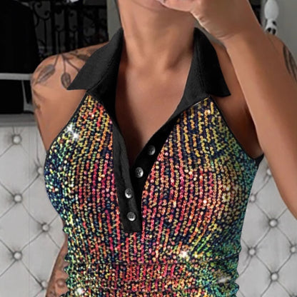 Leopard Print Sequined Halter Top with Polo Collar