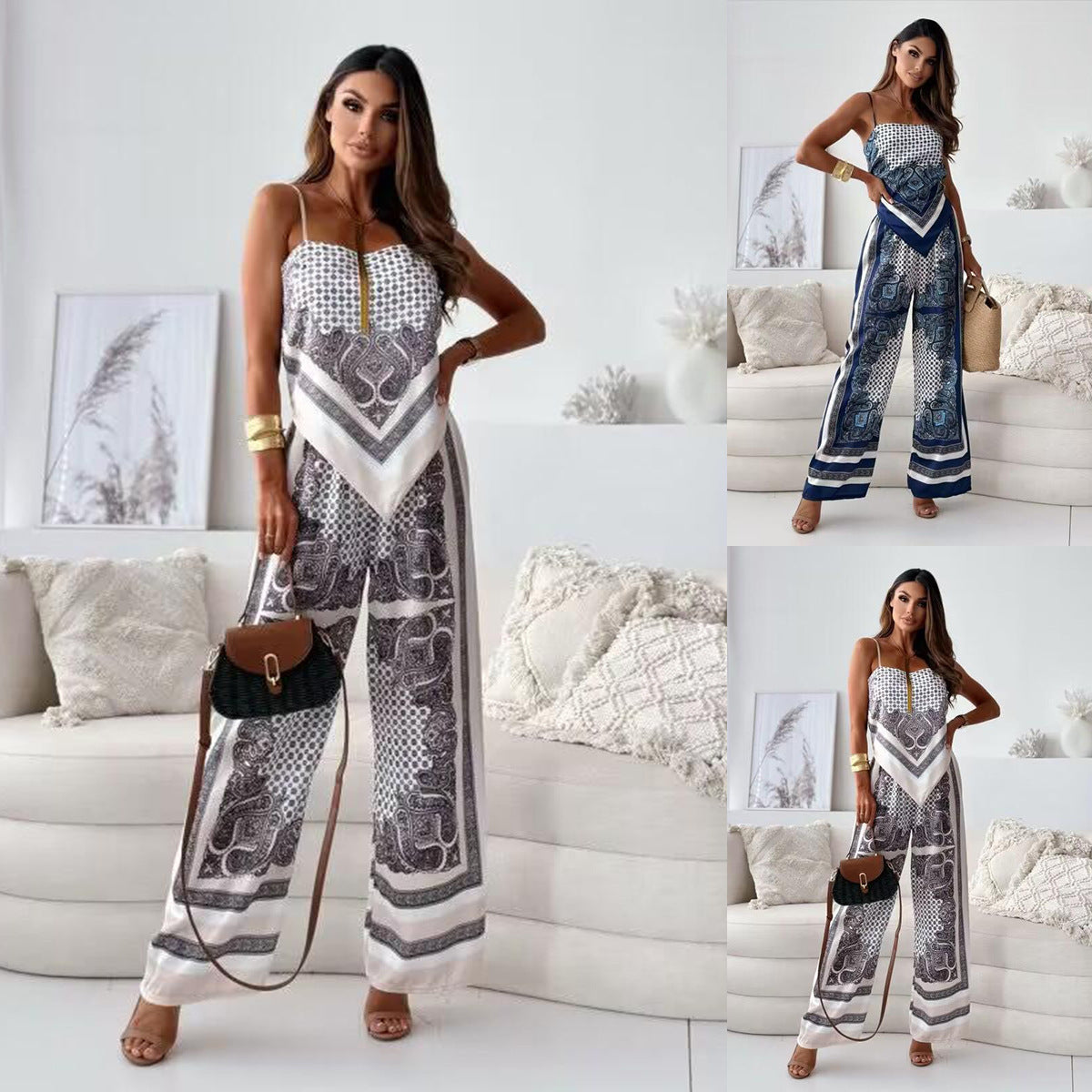 Paisley Print Camisole and Wide-Leg Pants Set