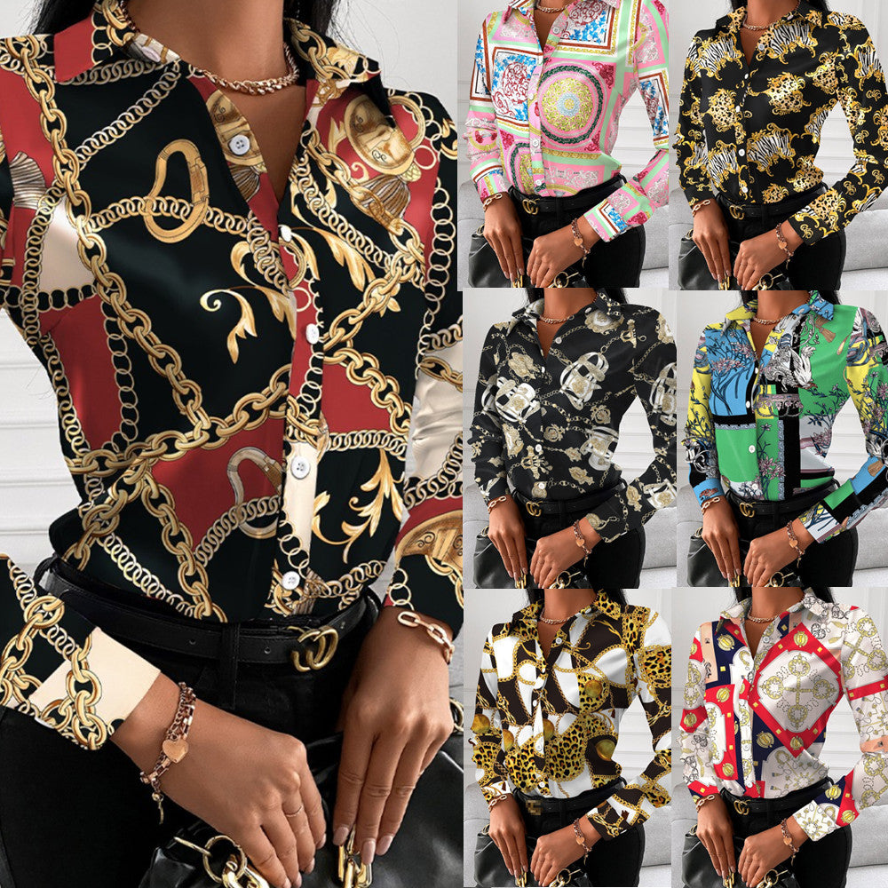 Scarf Print Long Sleeve Button-Down Shirt with Lapel