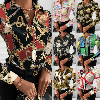 Scarf Print Long Sleeve Button-Down Shirt with Lapel