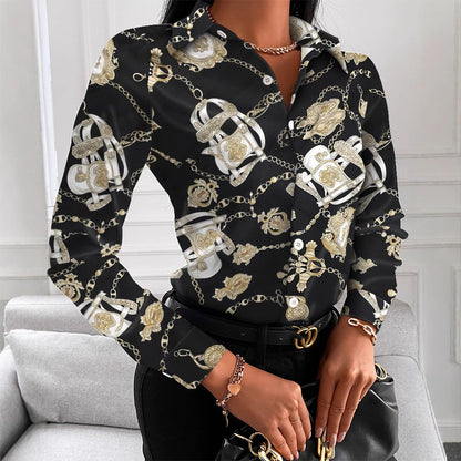 Scarf Print Long Sleeve Button-Down Shirt with Lapel