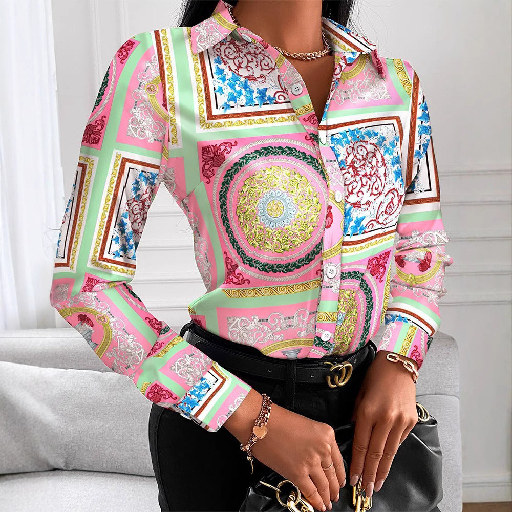 Scarf Print Long Sleeve Button-Down Shirt with Lapel