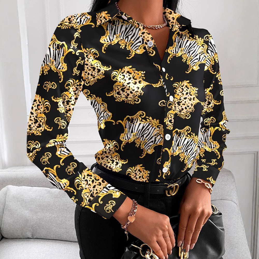Scarf Print Long Sleeve Button-Down Shirt with Lapel