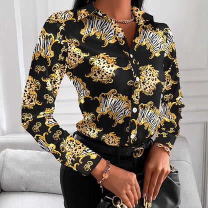 Scarf Print Long Sleeve Button-Down Shirt with Lapel
