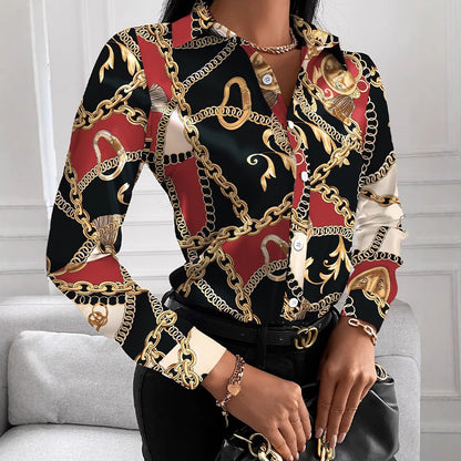 Scarf Print Long Sleeve Button-Down Shirt with Lapel