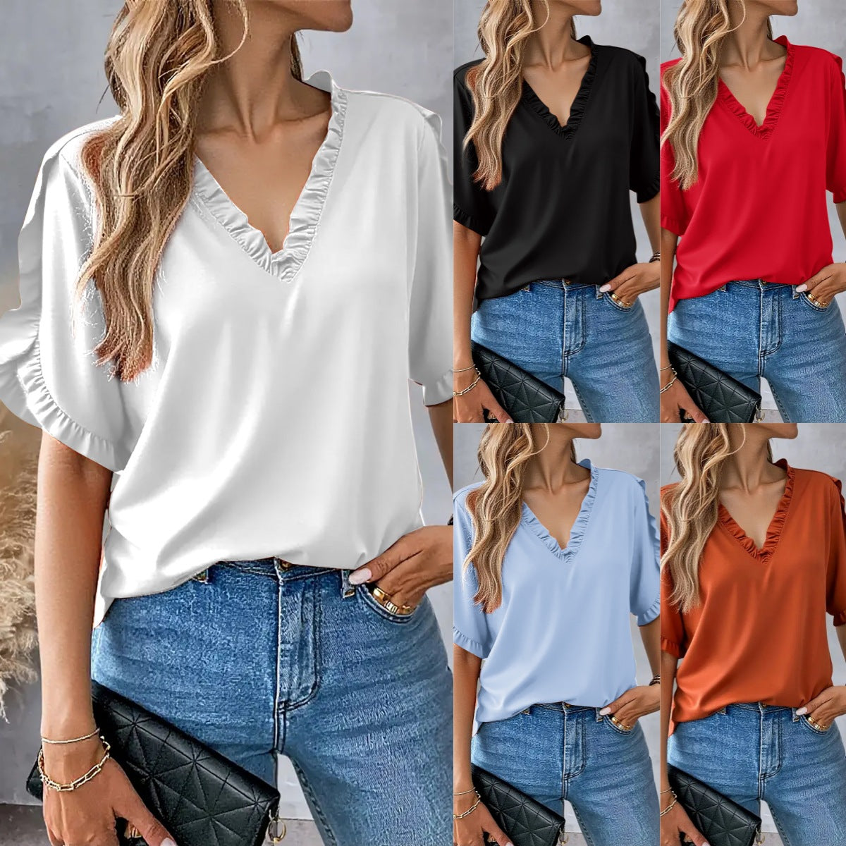 Solid Short Sleeve Blouse with Ruffled V-Neck