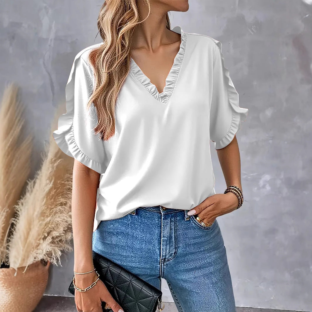 Solid Short Sleeve Blouse with Ruffled V-Neck
