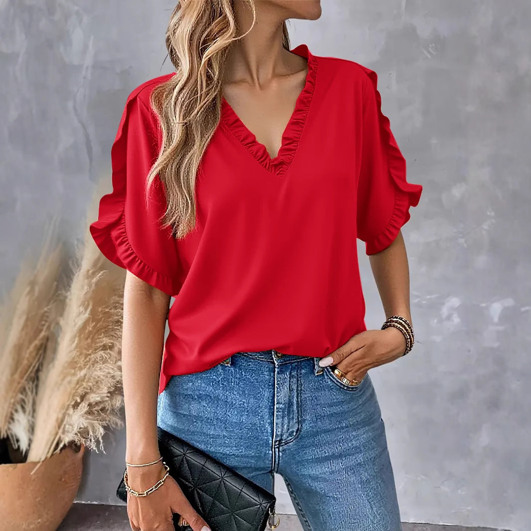 Solid Short Sleeve Blouse with Ruffled V-Neck