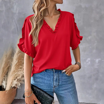 Solid Short Sleeve Blouse with Ruffled V-Neck