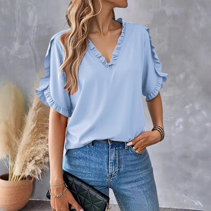 Solid Short Sleeve Blouse with Ruffled V-Neck