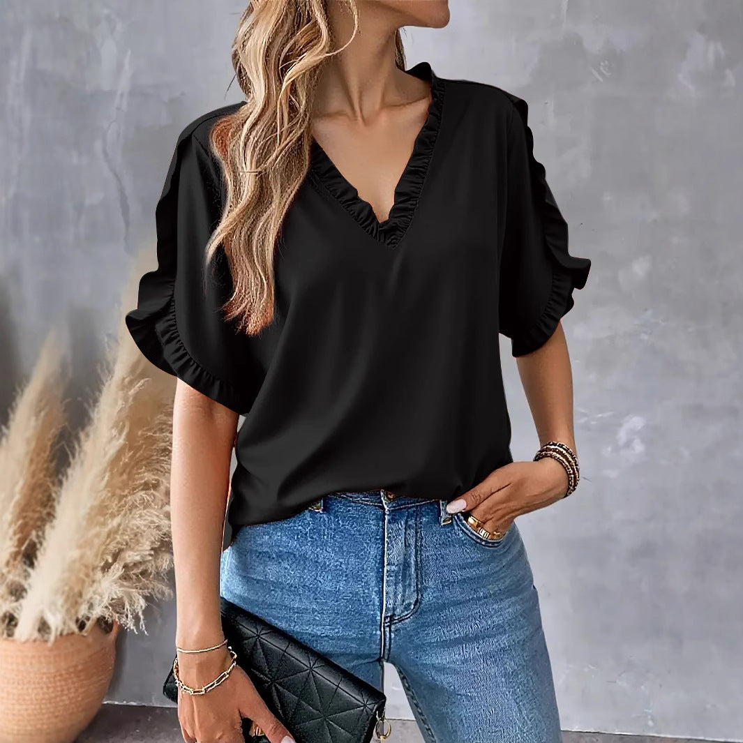 Solid Short Sleeve Blouse with Ruffled V-Neck