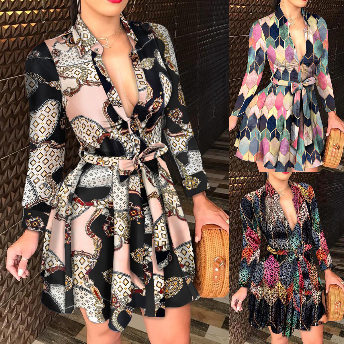 Printed A-Line Mini Dress with V-Neck and Tie-Waist